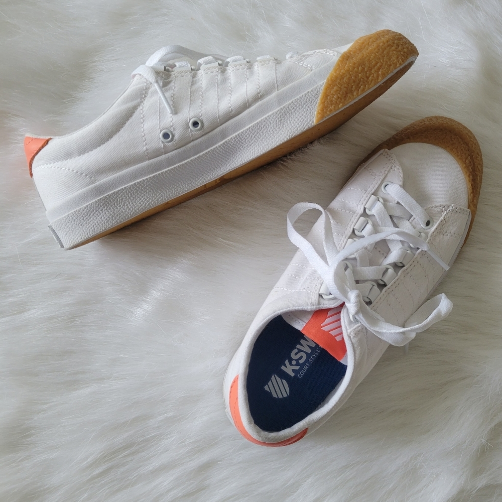 K-Swiss Irvine Tennis Sneakers White & Neon Coral Canvas 7 NWOT